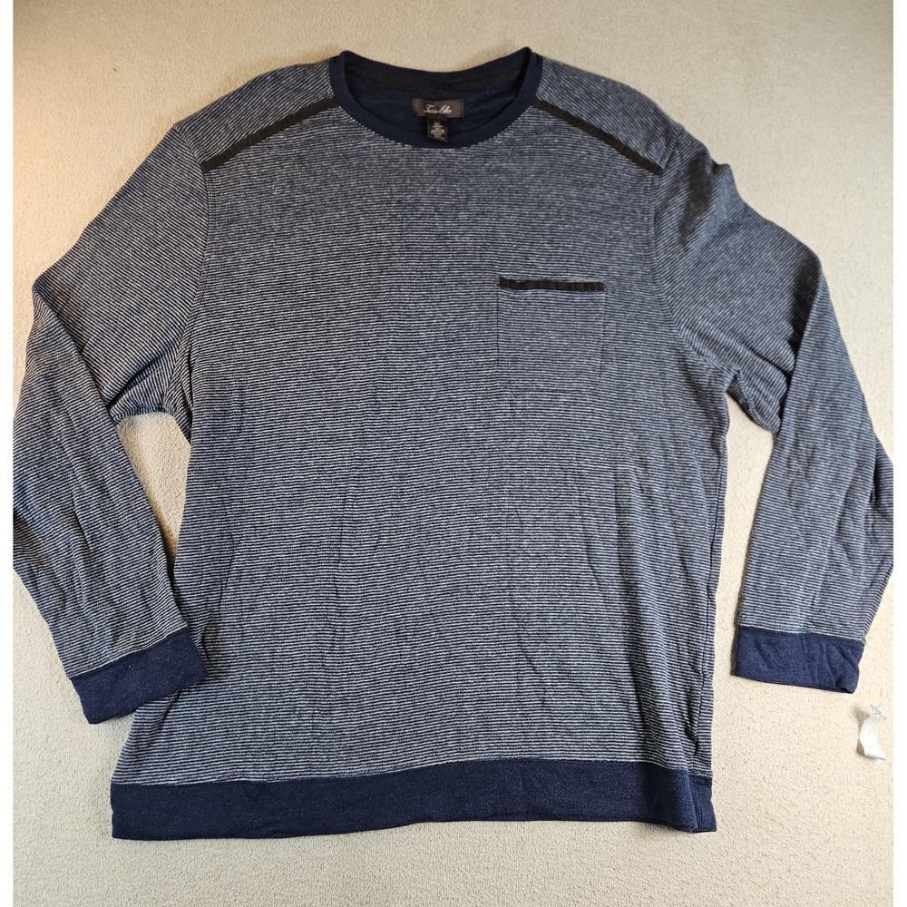 Tasso Elba Men's XXL Blue Striped Long Sleeve Crewneck Pullover Shirt Pocket
